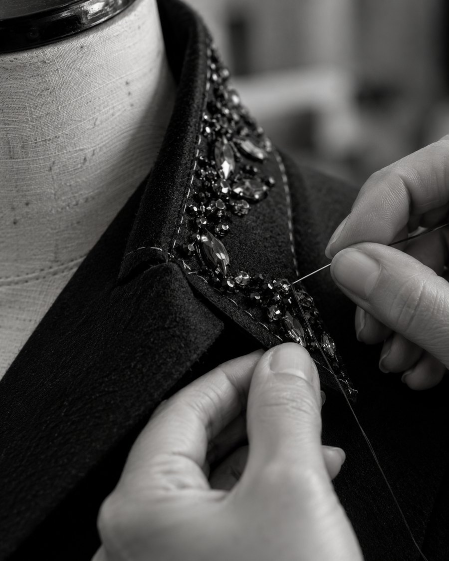 Artisan's hands setting crystals and beads onto a coat collar mounted on a mannequin