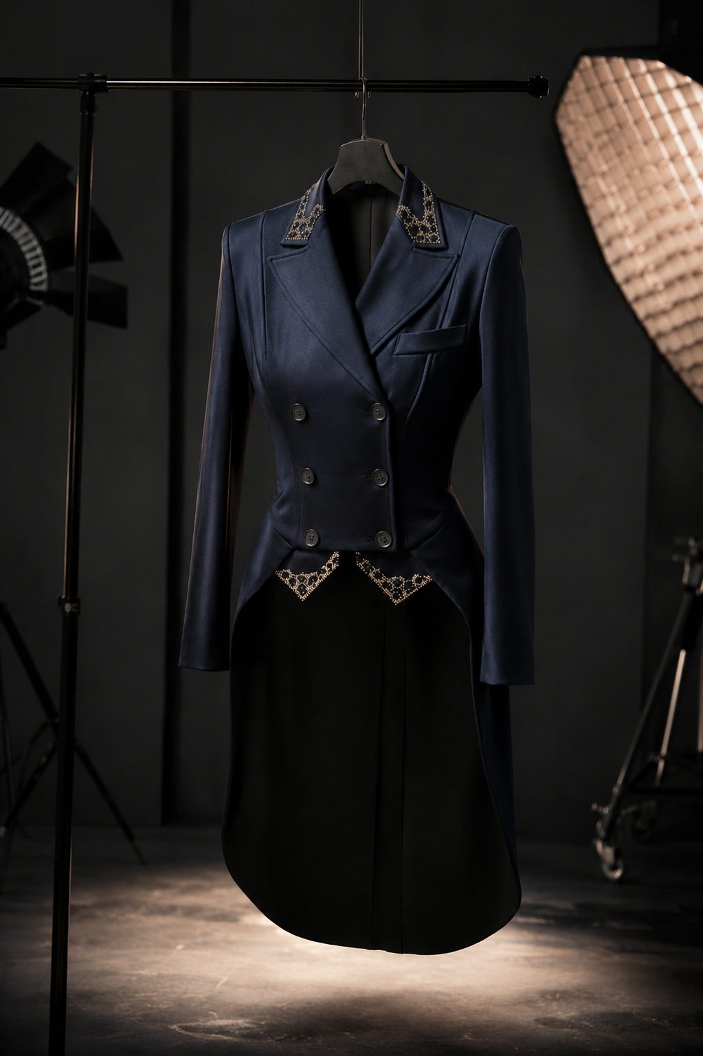 Navy bespoke dressage tailcoat with crystal finishing on a hanger