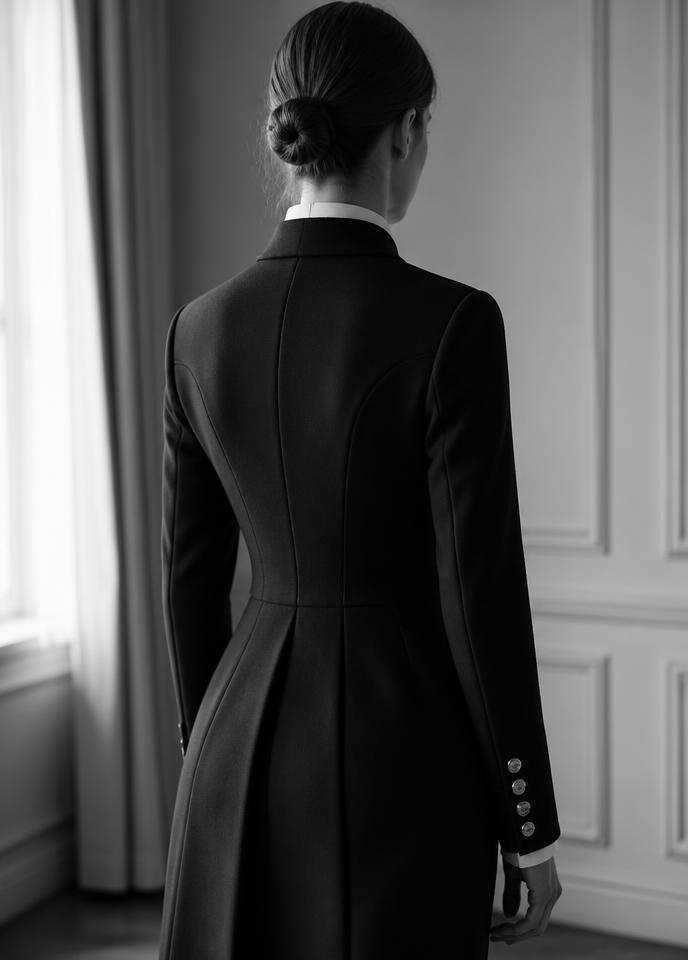 Rider in a completed bespoke tailcoat, seen from behind